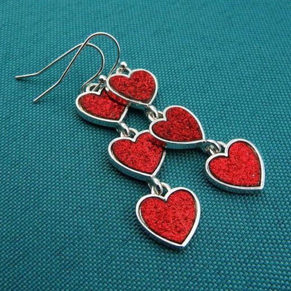 Heart Earrings Dangle Drop Dangling Ladies Girls Red Valentines Jewelry Gift - Picture 1 of 8